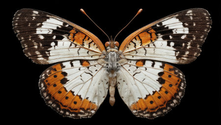 This image presents a detailed view of a butterfly, showcasing intricate patterns on its wings against a dark backdrop. The composition highlights the butterfly's symmetry and vivid colors including white, orange, and brown. It exhibits a high level of detail suitable for various commercial uses related to nature or design.の素材