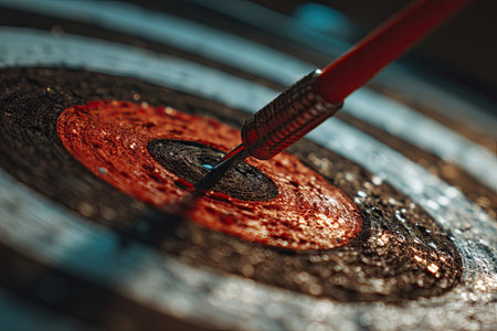 A close-up shot depicts a dart piercing the bullseye of a dartboard. The image showcases a textured surface with shades of red, black, and white, using a shallow depth of field. This composition could be used in various commercial projects, illustrating precision and strategic planning.の素材