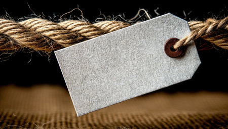 A rectangular, white tag is displayed against a backdrop of intertwined rope, with a focus on textures. The close-up view provides a sense of depth and emphasizes the rough, natural textures. The neutral tones and simple composition make this suitable for advertising, marketing, or general content.の素材