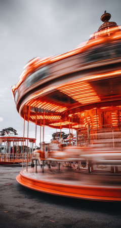 An illuminated carousel with motion blur dominates the scene. The image showcases warm orange and red hues. The composition suggests an amusement park atmosphere with soft lighting conditions. Potential uses include editorial illustrations or promotional materials that evoke feelings of excitement.の素材