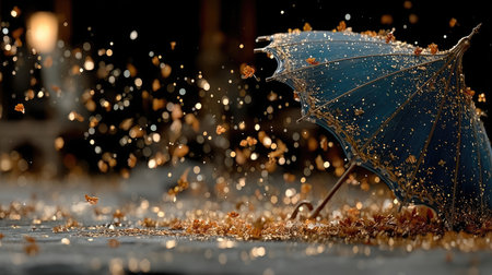An overturned blue umbrella sits on a wet surface, surrounded by falling particles. The composition features a shallow depth of field, highlighting the umbrella and blurred background. Warm colors contrast with the cool blue, suggesting a dynamic outdoor scene with commercial potential. The image could be used for conceptual or illustrative purposes.の素材