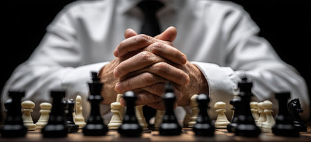 An individual in a white shirt and tie rests clasped hands above a chessboard. The image presents black and white chess pieces. The composition uses shallow depth of field, emphasizing the foreground. This could be employed to visualize strategic planning, leadership or intellectual pursuits. Suitable for diverse commercial and editorial purposes.の素材