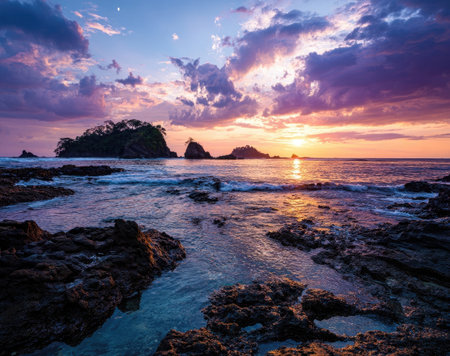 The image showcases a scenic coastal landscape during sunset. The sky displays a range of colors from purple to orange, with clouds adding depth. The foreground reveals rocky formations and the ocean, creating a serene environment. This image could be suitable for various commercial and editorial applications.の素材