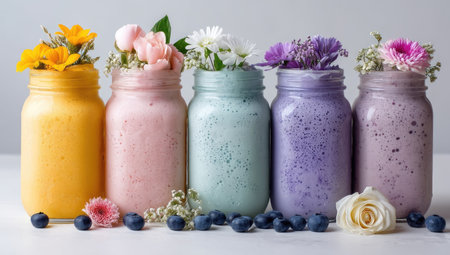 An overhead shot showcases five mason jars filled with pastel-colored smoothies. Each jar is adorned with vibrant floral arrangements and rests on a white surface. Scattered blueberries add a fresh element to the composition, while soft lighting enhances the image. Suitable for health, wellness, or culinary-themed editorial content.の素材