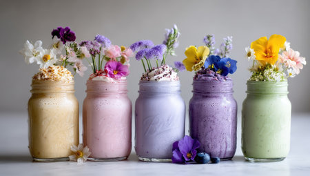 Five pastel-colored smoothies sit in glass jars, each topped with whipped cream and fresh flowers. The arrangement showcases a range of hues, from yellow to purple, with a soft, diffused lighting. The image suggests a fresh, natural aesthetic suitable for various commercial uses related to health, food, or lifestyle.の素材
