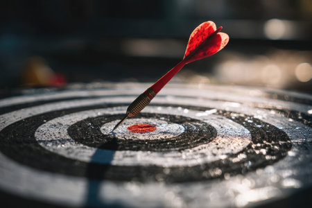 A close-up captures a dart precisely lodged in the bullseye of a target. The dart features a red fletching against a backdrop of concentric circles. The lighting suggests an indoor setting, possibly with overhead illumination. Suitable for visualizing success and goal achievement.の素材