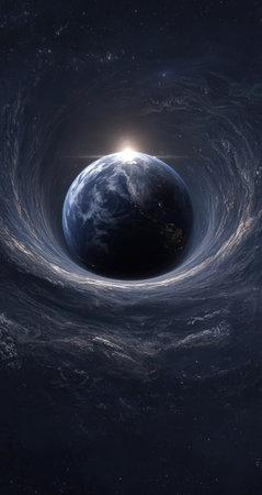 An artistic representation shows planet Earth surrounded by cosmic elements. The image displays a detailed view with shades of blue, white, and dark tones. It utilizes lighting effects to highlight the planet, creating a sense of depth and mystery. Suitable for scientific visualizations, educational material, and editorial projects.の素材