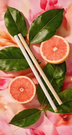 Two grapefruit halves, bamboo sticks, and vibrant green leaves are arranged on a floral backdrop. The image showcases bright pink and green colors, possibly suggesting a natural or fresh food theme. The composition is likely suitable for various commercial or decorative applications, offering a visually appealing aesthetic.の素材