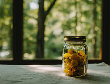 A glass jar filled with yellow grapes sits on a table, in front of a window. The shot highlights the fruit and the natural light. The background features a blurry view of green trees. This image is suitable for various commercial uses, including advertisements, or editorial content.の素材