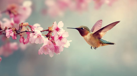 A hummingbird hovers near pink blossoms, captured in soft focus. The bird's wings are spread, highlighting its movement against a blurred backdrop. The image features natural sunlight and a gentle color palette. This image is suitable for various commercial uses, including decorative prints and digital media.の素材