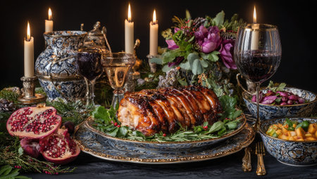 A beautifully arranged dining scene showcases a roasted meat centerpiece surrounded by candles, floral decorations, and fine glassware. The composition presents a classic still life with rich colors and textures, featuring a dark background that enhances the warm lighting. This image may be suitable for food photography, advertising or editorial purposes.の素材