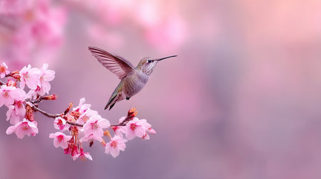 A hummingbird in mid-flight is captured near delicate pink cherry blossoms. The image showcases soft focus, diffused lighting, and a shallow depth of field, emphasizing the bird's movement. This photograph conveys a sense of natural beauty and could be used for various commercial or editorial applications.の素材