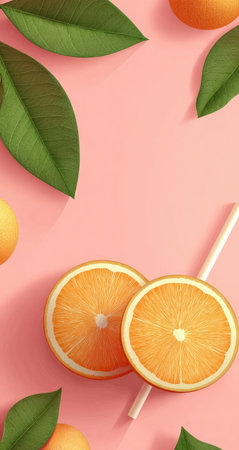 This image displays orange slices and green leaves arranged on a pastel pink backdrop. The composition suggests a fresh, vibrant, and appetizing visual. The bright orange hues contrast with the green foliage. Ideal for illustrating health, food, or marketing campaigns, the image provides ample copy space.の素材