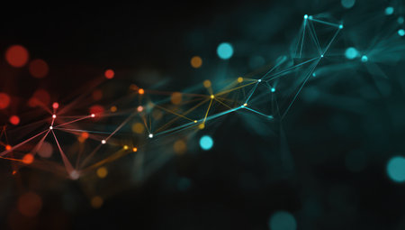 This abstract image showcases a network of interconnected lines and luminous dots against a dark background. The composition features a gradient of colors from red to teal, with blurred bokeh effects. It is ideal for illustrating technological concepts and could be used in various commercial or editorial projects.の素材
