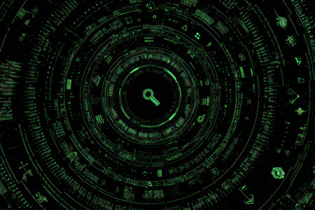 An abstract digital illustration presents a keyhole at the center, surrounded by concentric circular patterns. The dominant color is green, with varying shades creating a sense of depth and dimension. This design, with its technical and symbolic elements, could be suitable for informational graphics or creative projects.の素材
