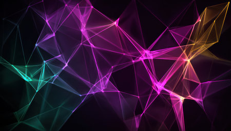 An abstract illustration displays a network of connected points and lines, illuminated in vibrant colors. The design features a dark backdrop, enhancing the glow of the interconnected elements. This visual may be suitable for representing data flow, technology, or creative design projects. Potential uses include editorial and commercial applications.の素材
