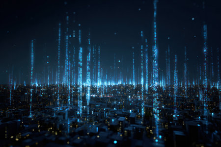 An artistic depiction presents a futuristic cityscape dominated by vertical streams of light. The composition features a dark blue gradient background. Illuminated lines and shapes create a sense of digital activity, suggesting information flow. Suitable for visualizing technological concepts and data-driven themes in various commercial applications.の素材
