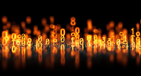 An image displays numerous digitally rendered numerals in a warm orange hue, set against a dark backdrop. The composition features a shallow depth of field, with some numbers appearing in sharp focus while others blur. This visualization may be used for presentations and illustrations related to technology or data concepts.の素材