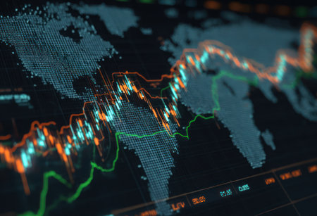 An overhead view displays a stylized world map overlaid with dynamic graphs and charts, incorporating green, orange, and blue hues. This composition highlights fluctuations and trends in financial data. The image is suitable for illustrating concepts of business, economics, and technology, potentially for various commercial applications.の素材