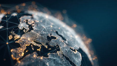 An abstract illustration shows a globe with connecting lines and illuminated areas. The image features a shallow depth of field, with soft focus on certain regions. The color palette primarily uses blues and yellows. The composition suggests connectivity and could be used for informational or promotional materials.の素材