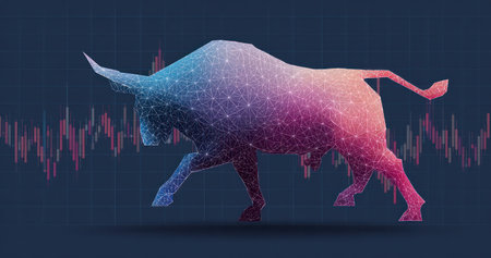 A low poly bull graphic stands prominently against a dark background, representing financial markets. The digital illustration features a network of connected points, with a gradient of colors across the form. The image suggests concepts such as strength, investment, and market activity and may be used in business and economic contexts.の素材