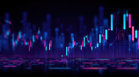 This image features a digital representation of financial data. Glowing blue and pink bars are set against a dark backdrop. The composition is a close-up, focusing on the visual aspects of the data streams. The style suggests technological or financial applications and can be used in various commercial projects.の素材