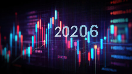 This image features an abstract representation of financial data, visualized through dynamic bar graphs. The composition uses vibrant colors, including blues, reds, and greens, creating an engaging visual style. The lighting enhances the digital, technological feel, appropriate for various editorial and commercial applications.の素材