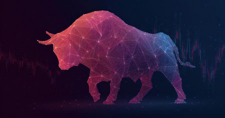 An abstract illustration presents a bull silhouette constructed from connected geometric shapes. The image showcases a gradient of colors, primarily blues and pinks, over a dark background. The digital artwork evokes data visualization, with implications for financial or technological contexts. Suitable for conceptual illustrations, design elements, and editorial use.の素材