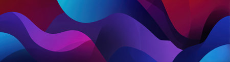 This abstract artwork features flowing, rounded shapes in a dynamic composition. The color palette incorporates vibrant hues of blue, purple, and red, creating a sense of depth and movement. This image is suitable for digital design, website backgrounds, or various commercial projects, offering a modern and visually appealing aesthetic.の素材