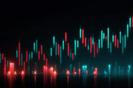 An abstract illustration depicts a financial trading chart with rising and falling price indicators. The image showcases vibrant red and green vertical bars against a dark background, suggesting market fluctuations. The composition utilizes a digital, graphic style, and is suitable for commercial and editorial applications related to finance and investment.の素材
