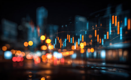 An artistic representation features an overlay of financial data graphs over a blurred cityscape. Orange and blue hues dominate the scene, suggesting nighttime lighting. The image evokes concepts of economics, investment, and market analysis, potentially useful for business reports or editorial content.の素材