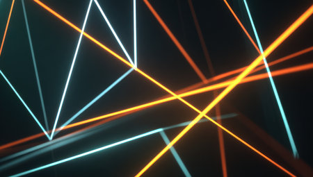 Dynamic composition presents an arrangement of glowing neon lines. The artwork features lines in yellow, orange, and blue hues over a dark backdrop. The composition is likely digital, with potential applications for backgrounds, website elements, or commercial illustrations. The image conveys a modern and futuristic aesthetic.の素材