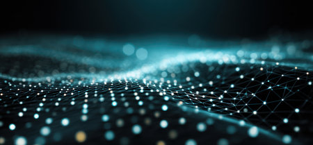 This image depicts an abstract network visualization, comprised of interconnected dots and lines. The composition features a dark background, accented by bright blue and white points of light. This could be useful for illustrating technology, data, or digital concepts. Its adaptable design supports diverse commercial and editorial applications.の素材