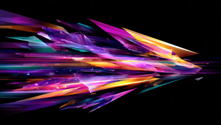 This image showcases a dynamic composition of abstract geometric shapes. It features a spectrum of bright colors, including purple, blue, and yellow, set against a dark backdrop. The design employs a sense of movement and energy, ideal for various commercial and editorial applications.の素材