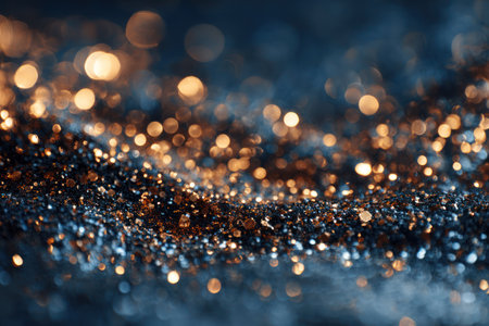This image showcases a shimmering bokeh effect with a dark blue background. The composition features numerous out-of-focus highlights in shades of gold and brown, creating a dynamic texture. The lighting appears soft and diffused, contributing to a dreamy atmosphere. Suitable for use in various design projects and visual concepts.の素材
