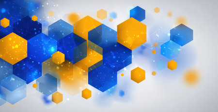 This image presents an abstract design composed of overlapping geometric shapes. Predominantly featuring blue and yellow hexagons, the composition exhibits a dynamic arrangement. The textures appear smooth, with gradients creating depth. The image could be used for various purposes, including digital backgrounds and design elements.の素材