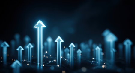 This image features numerous glowing arrows, ascending against a dark blue background. The composition highlights a network of connecting points and lines. The image employs vibrant blue hues and a soft focus style. Ideal for illustrating concepts related to growth, progress, or business. Potential uses include editorial and commercial projects.の素材