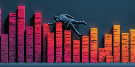 An illustration depicts a person navigating a rising bar graph, rendered in vibrant shades. The composition features a conceptual representation with gradients of red and orange, against a dark backdrop. Suitable for business visualizations, financial reports and editorial applications, this imagery conveys concepts of progress and achievement.の素材