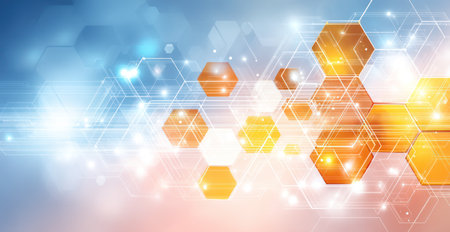 An abstract digital illustration showcases a network of golden honeycomb structures, set against a gradient of blue and orange hues. The artwork employs geometric patterns with bright highlights and a soft, ethereal background, suggesting a connection and data flow. This design suits applications in technology, science, or conceptual designs.の素材