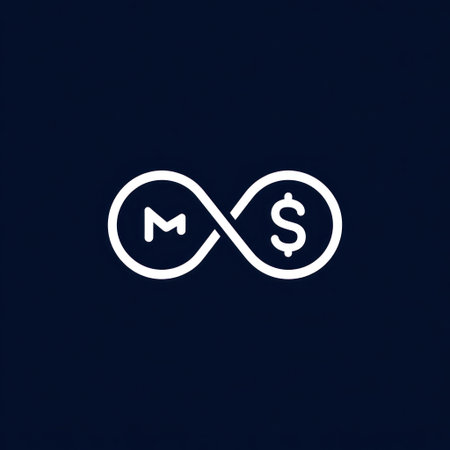 An abstract logo features a continuous shape integrating a letter and a currency symbol. The design is presented in a minimalist style, with clean lines and a simple color palette. It suggests concepts of finance and connection against a dark background, suitable for various editorial and commercial applications.の素材