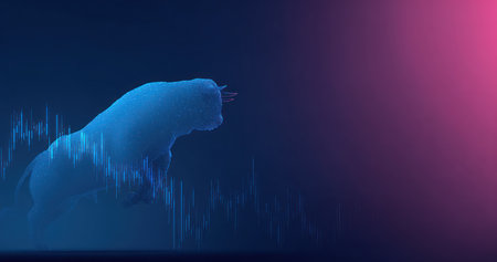 An abstract image presents a silhouetted bull, symbolizing market growth. The artwork features a gradient of blues and pinks, suggesting a digital or futuristic aesthetic. The composition incorporates chart elements, implying financial analysis or data. This image is suitable for use in business presentations, financial reports, or stock market-related content.の素材
