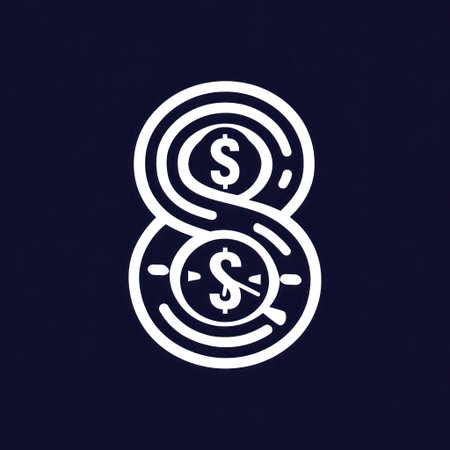 An abstract graphic presents a figure eight design incorporating dollar signs. The image showcases a minimalist style with a white design on a dark blue background. The composition features clean lines and a simple, modern aesthetic, suitable for various financial or business-related applications and design projects.の素材