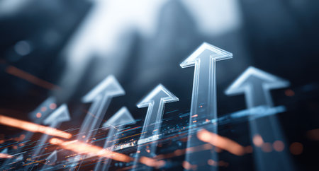 This abstract image features several translucent upward-pointing arrows, suggesting growth. The arrows are rendered in shades of blue and white, with a blurred background. The composition employs a shallow depth of field, emphasizing the foreground elements. It could be used in various commercial contexts, illustrating concepts like business development or market trends.の素材