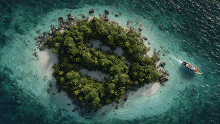 An overhead shot reveals a small island covered in dense green vegetation and surrounded by turquoise water. A small boat sails nearby, adding a sense of scale and movement. The composition features natural lighting, creating a tranquil atmosphere, suitable for various editorial and commercial applications.の素材