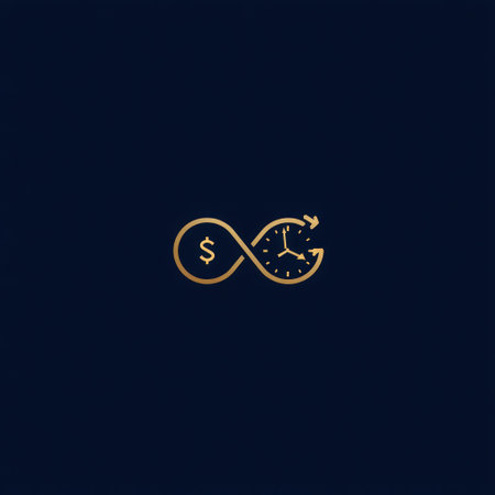 An illustration features a stylized gold infinity symbol. A dollar sign and clock are integrated. This graphic is set against a dark blue background. The style is minimalist and the composition is centered. It could be used for financial, business, or time-related concepts. The illustration could be used for various commercial or editorial needs.の素材
