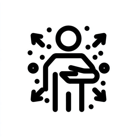 An illustrated icon depicts a person with surrounding arrows, suggesting expansion and direction. The minimalist style features bold black lines against a white backdrop. The composition is straightforward, with a focus on visual clarity. Suitable for diverse design applications and projects requiring conceptual imagery.の素材