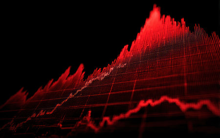 An abstract illustration shows a red financial graph ascending against a black backdrop. The graphic features lines and bars, suggesting market fluctuations. The composition utilizes a low-angle perspective, emphasizing the upward trend. This visual could be applicable for various commercial and editorial uses related to finance or data visualization.の素材
