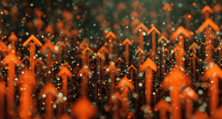 This abstract image depicts numerous orange arrows pointing upwards against a dark background. The composition uses a shallow depth of field, with soft focus on some elements and sparkling particles scattered throughout. The overall style is modern and digitally generated, ideal for illustrating concepts related to business, finance, or technology.の素材