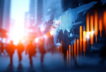 This image presents an abstract concept, showcasing silhouettes of people against a backdrop of financial charts and a world map. The composition utilizes a blurred effect, with a blend of orange and blue tones, creating a sense of depth and movement. It could be suitable for illustrating topics related to global markets and economic trends.の素材