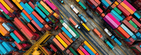 An overhead shot reveals a multitude of brightly colored shipping containers arranged in a logistics center. The composition showcases the containers' diverse hues and stacked arrangement, alongside vehicles. The image suggests global commerce and transportation, suitable for editorial and commercial applications.の素材